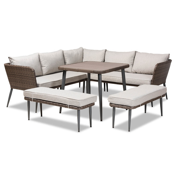 Baxton Studio Lillian Grey Upholstered and Brown Finished 5-Piece Rattan Patio Set 165-10770